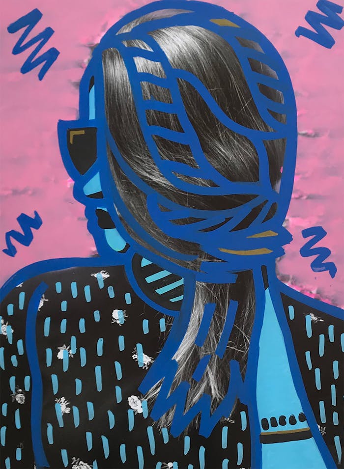 about-us-01 Colorful pop art inspired portrait featuring abstract graphic design elements over a painted figure.